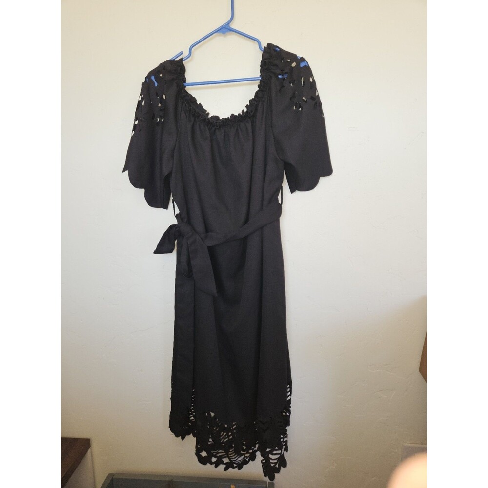 Lishly Curve Women's Black Floral Cutout Belted Dress, Midi Length, Size 3XL